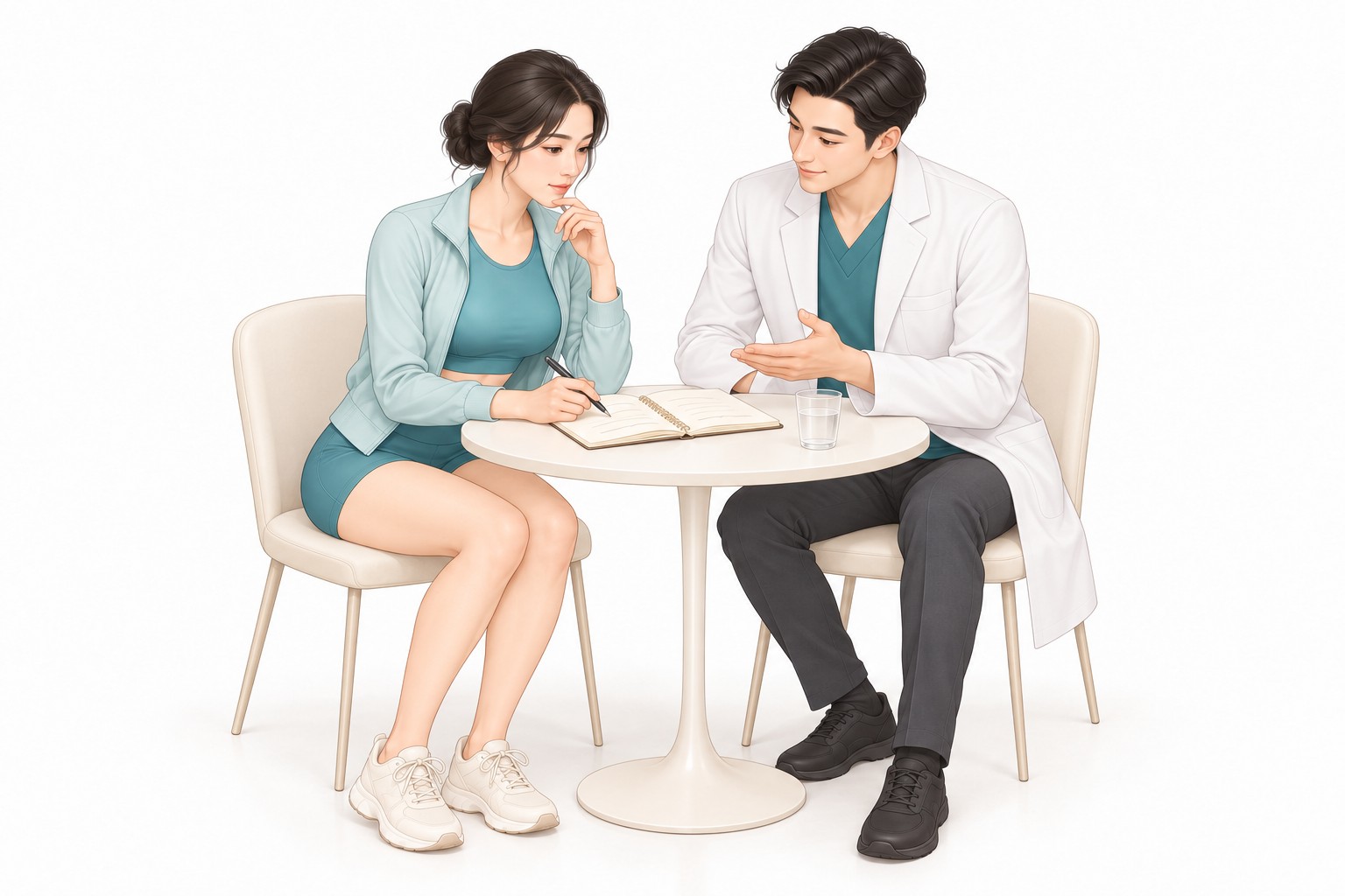 여성이 둥근 탁자에서 궁금한 점을 적은 노트를 펼쳐 놓고 흰 가운을 입은 의료진과 함께 보며 상담하는 설명 일러스트