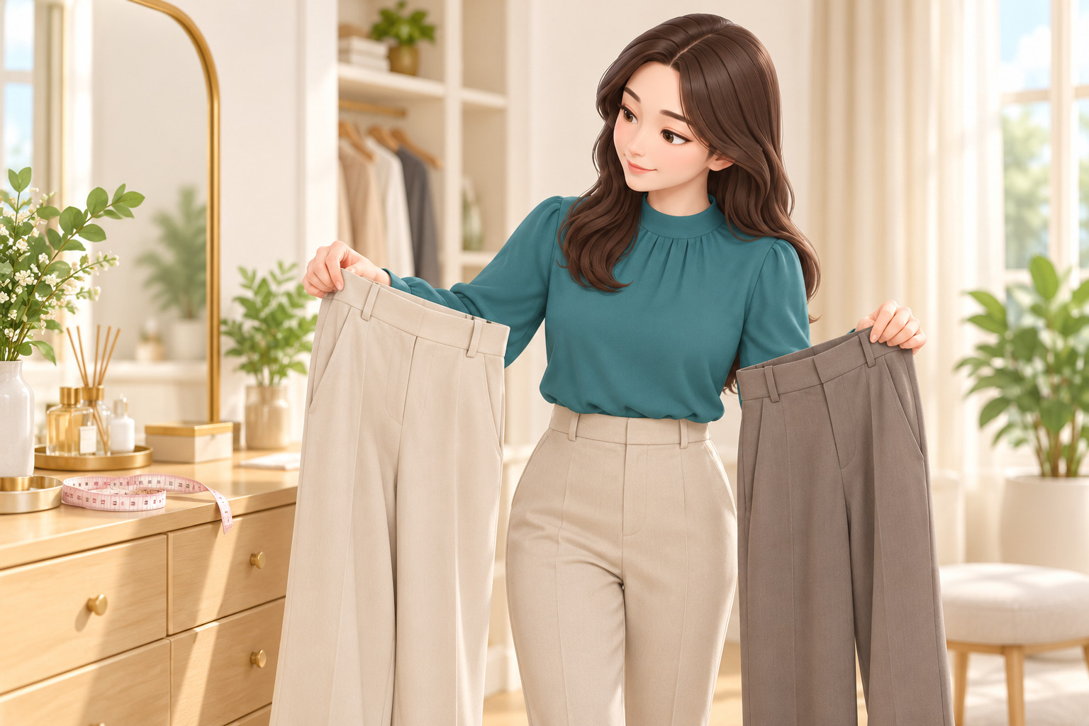 바지 핏을 비교하며 엉덩이 고민을 정리하는 여성