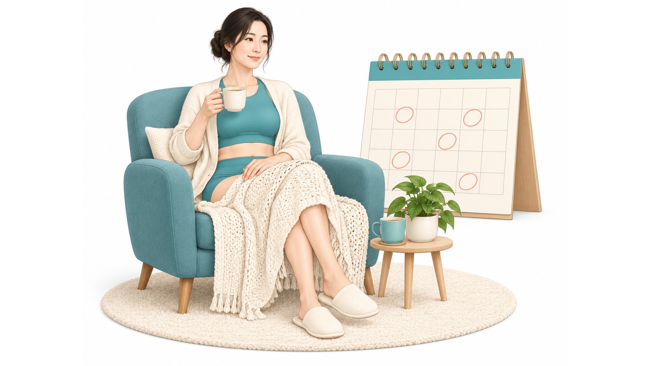 안락의자에 앉아 쉬는 여성과 날짜를 표시한 달력이 있는 휴식 장면